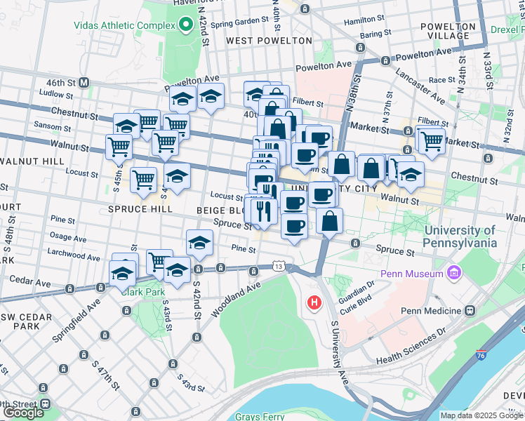 map of restaurants, bars, coffee shops, grocery stores, and more near 240 South 40th Street in Philadelphia