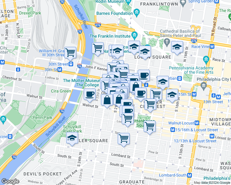 map of restaurants, bars, coffee shops, grocery stores, and more near in MIDDLE CITY WEST