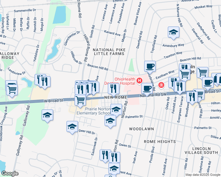 map of restaurants, bars, coffee shops, grocery stores, and more near 23 Maple Drive in Columbus