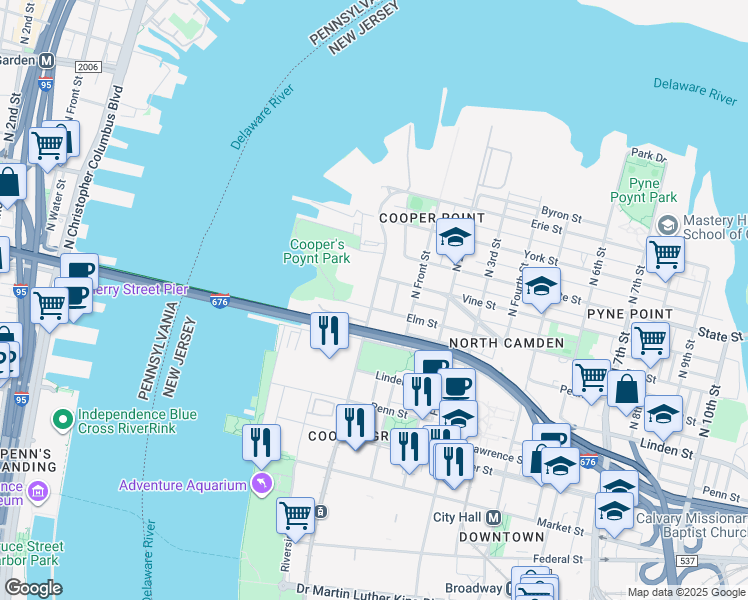 map of restaurants, bars, coffee shops, grocery stores, and more near 35 Elm Street in Camden