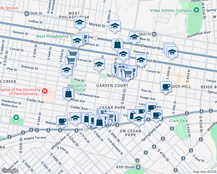 map of restaurants, bars, coffee shops, grocery stores, and more near 4910 Pine Street in Philadelphia