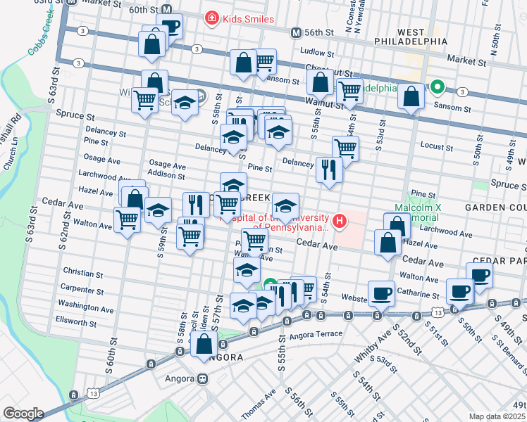 map of restaurants, bars, coffee shops, grocery stores, and more near 514 South 56th Street in Philadelphia