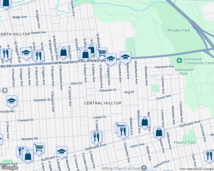 map of restaurants, bars, coffee shops, grocery stores, and more near 143 South Highland Avenue in Columbus