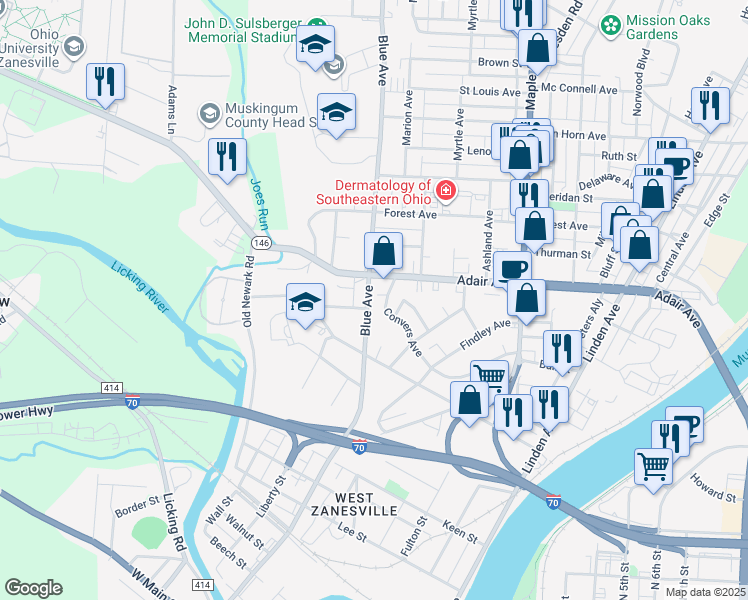 map of restaurants, bars, coffee shops, grocery stores, and more near 1114 Blue Avenue in Zanesville