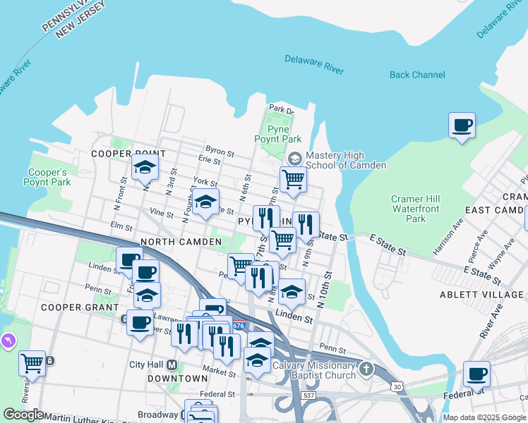 map of restaurants, bars, coffee shops, grocery stores, and more near 650 Grant Street in Camden