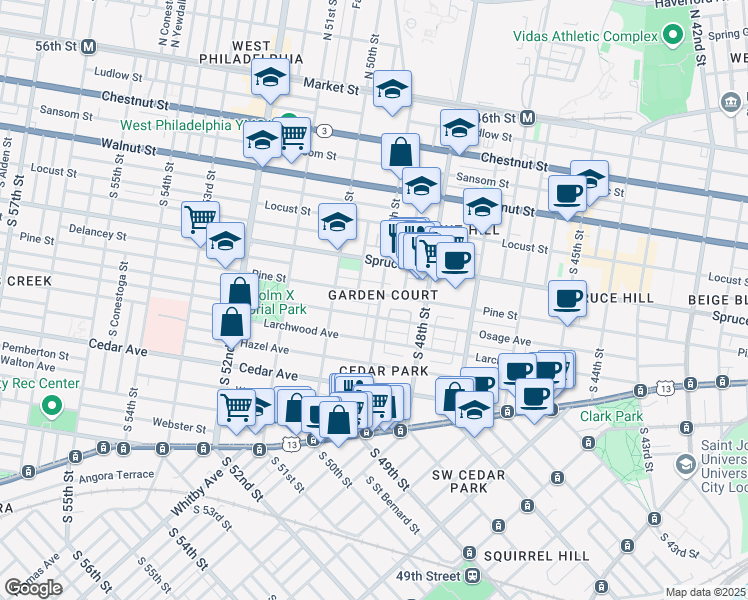 map of restaurants, bars, coffee shops, grocery stores, and more near 400 South 49th Street in Philadelphia