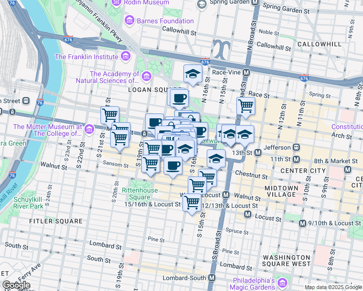 map of restaurants, bars, coffee shops, grocery stores, and more near 1650 Market Street in Philadelphia