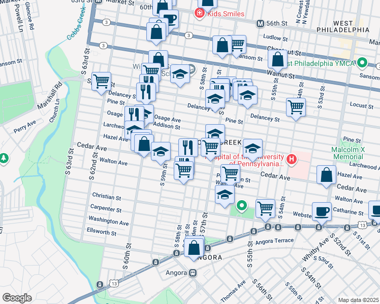 map of restaurants, bars, coffee shops, grocery stores, and more near 5801 Rodman Street in Philadelphia
