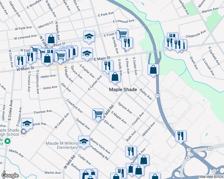 map of restaurants, bars, coffee shops, grocery stores, and more near 153 South Poplar Avenue in Maple Shade
