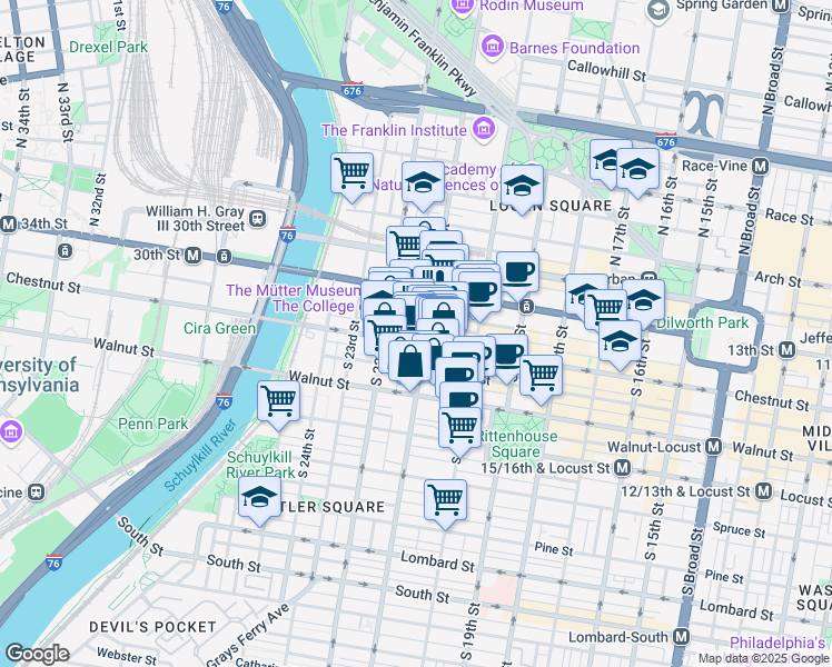map of restaurants, bars, coffee shops, grocery stores, and more near 2101-17 Chestnut Street in Philadelphia