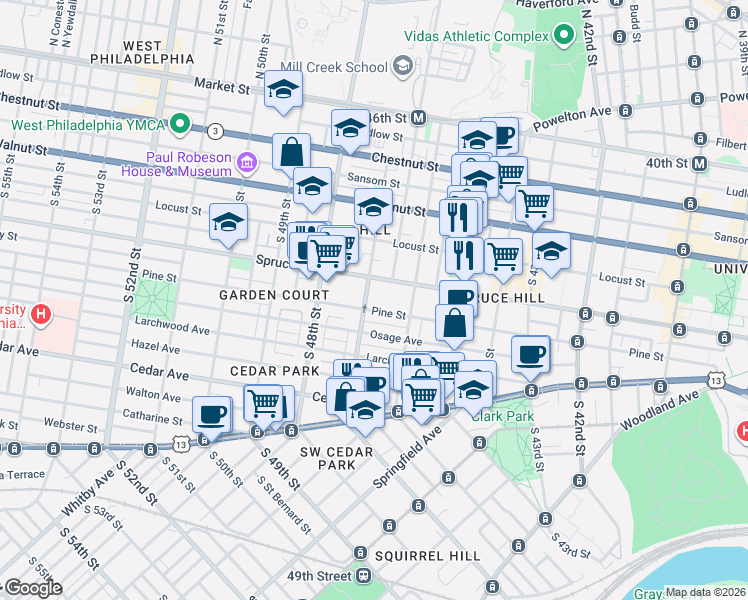 map of restaurants, bars, coffee shops, grocery stores, and more near 4643 Pine Street in Philadelphia