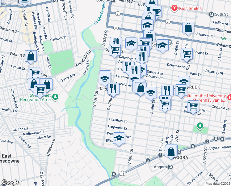 map of restaurants, bars, coffee shops, grocery stores, and more near 6140 Cedar Avenue in Philadelphia