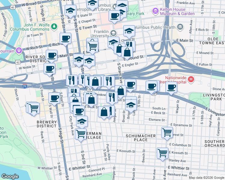 map of restaurants, bars, coffee shops, grocery stores, and more near 300 East Livingston Avenue in Columbus