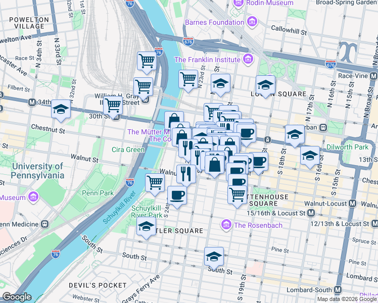 map of restaurants, bars, coffee shops, grocery stores, and more near Chestnut St & S 23rd St in Philadelphia