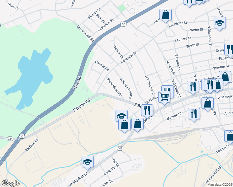 map of restaurants, bars, coffee shops, grocery stores, and more near 320 Richardson Road in York County