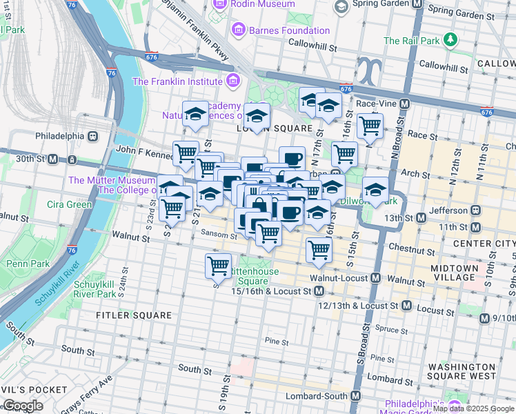 map of restaurants, bars, coffee shops, grocery stores, and more near 1822 Ludlow Street in Philadelphia