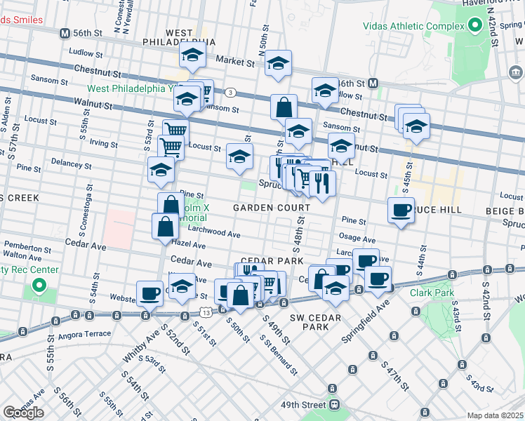 map of restaurants, bars, coffee shops, grocery stores, and more near 4910 Pine Street in Philadelphia