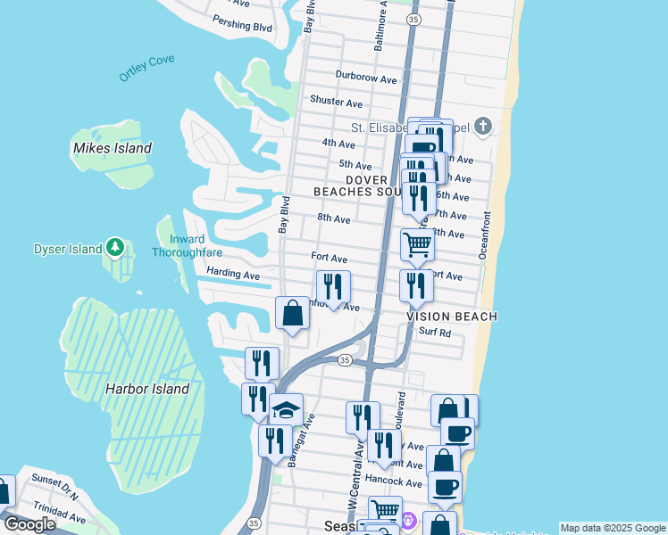 map of restaurants, bars, coffee shops, grocery stores, and more near 248 Coolidge Avenue in Seaside Heights