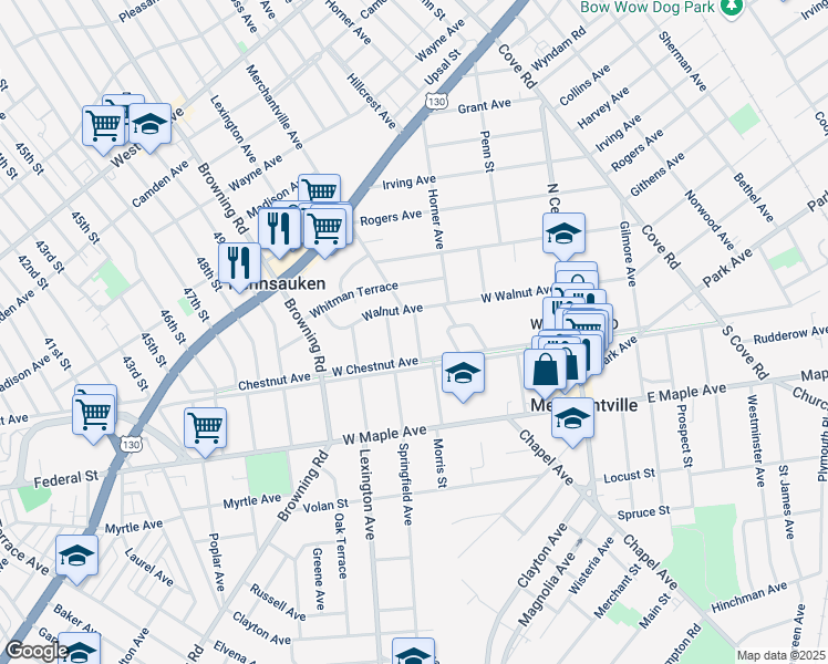 map of restaurants, bars, coffee shops, grocery stores, and more near 3337 Merchantville Avenue in Pennsauken Township