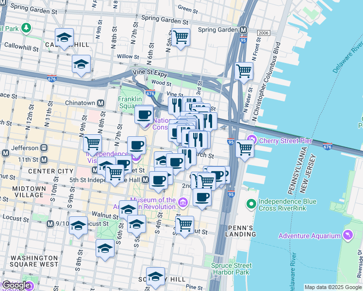 map of restaurants, bars, coffee shops, grocery stores, and more near 315 Arch Street in Philadelphia