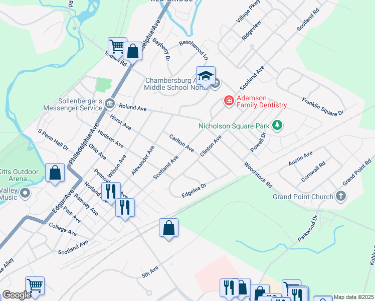 map of restaurants, bars, coffee shops, grocery stores, and more near 1774 Scotland Avenue in Chambersburg