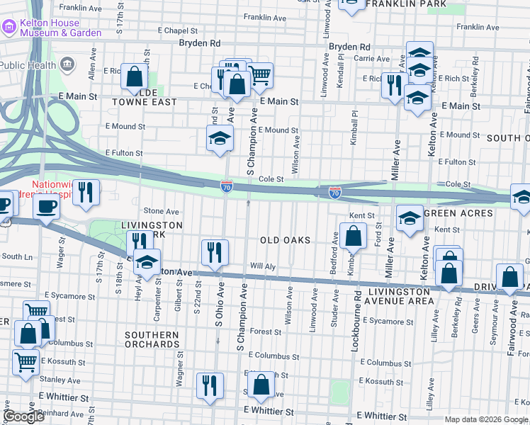 map of restaurants, bars, coffee shops, grocery stores, and more near 632 South Champion Avenue in Columbus
