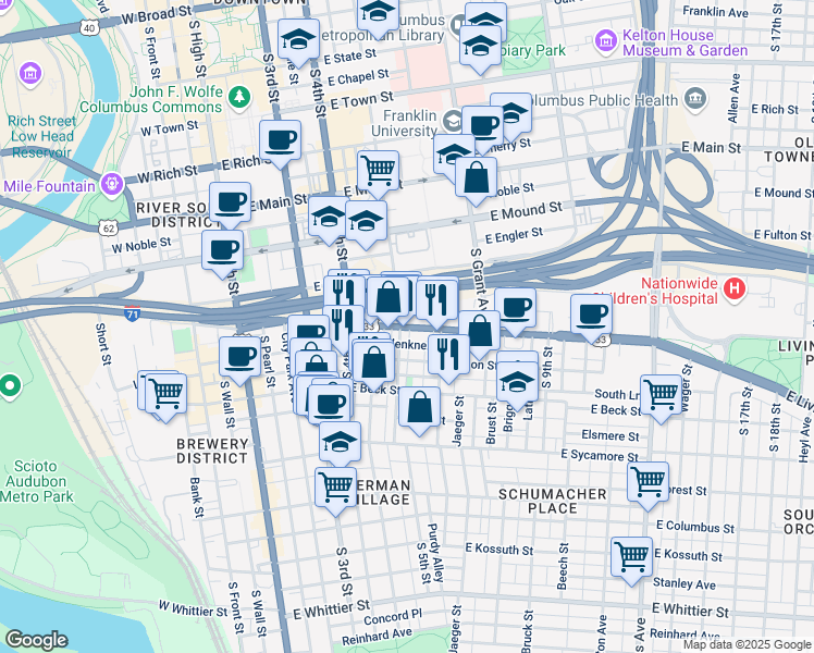 map of restaurants, bars, coffee shops, grocery stores, and more near 300 East Livingston Avenue in Columbus