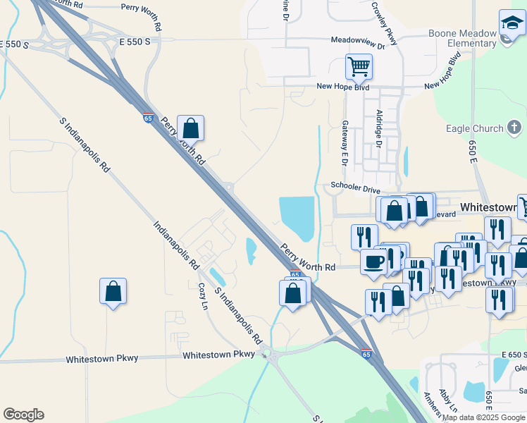 map of restaurants, bars, coffee shops, grocery stores, and more near 6003 Perry Worth Road in Whitestown