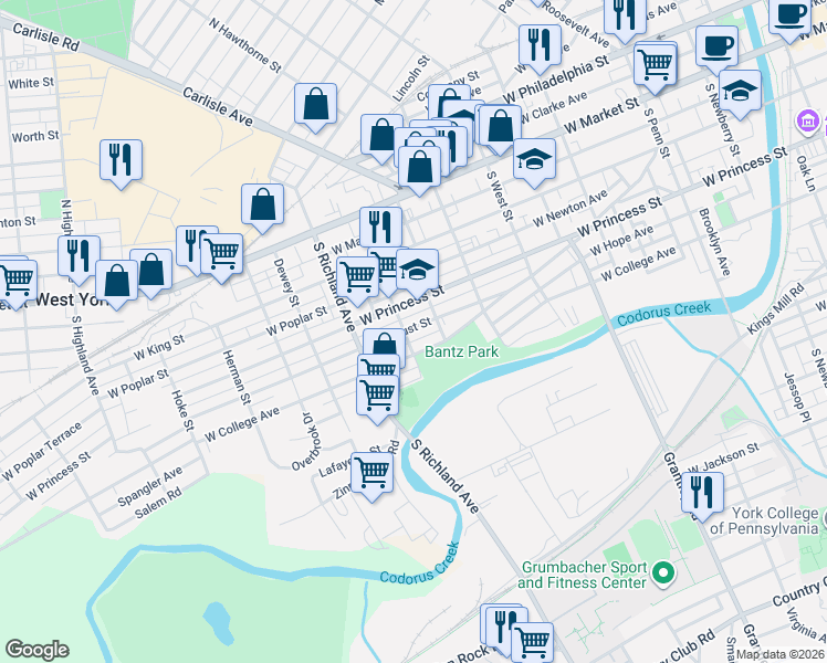map of restaurants, bars, coffee shops, grocery stores, and more near 830 West Locust Street in York