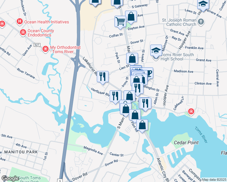 map of restaurants, bars, coffee shops, grocery stores, and more near 130 West Water Street in Toms River