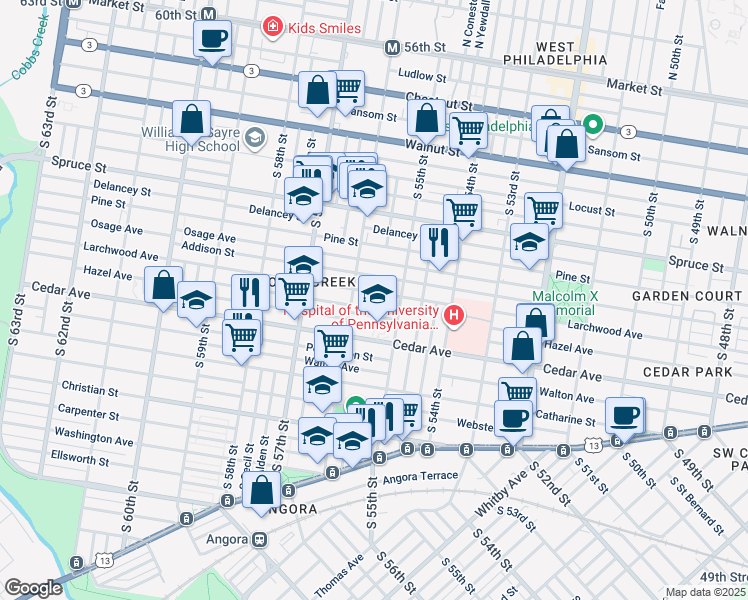 map of restaurants, bars, coffee shops, grocery stores, and more near 5536 Larchwood Avenue in Philadelphia