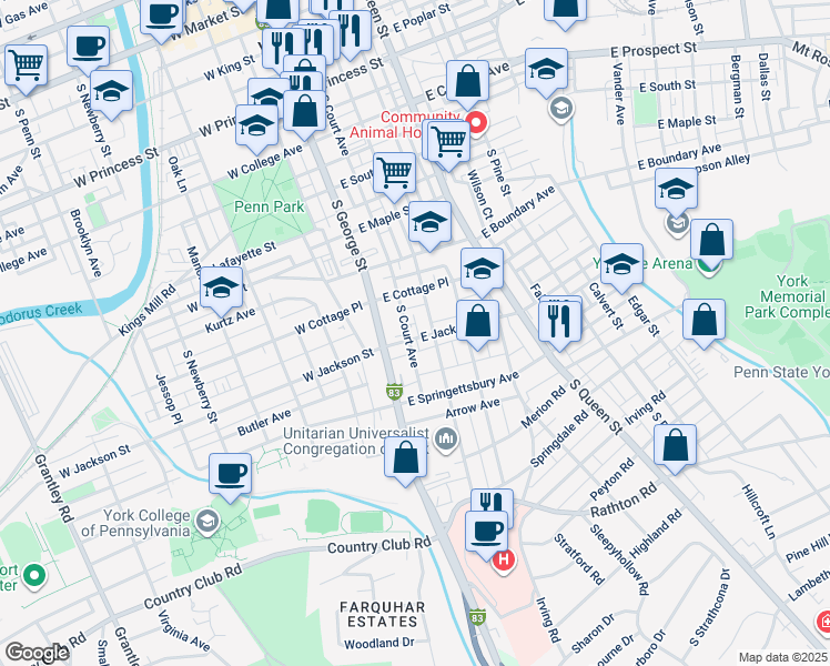 map of restaurants, bars, coffee shops, grocery stores, and more near 39 East Jackson Street in York