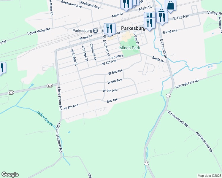map of restaurants, bars, coffee shops, grocery stores, and more near 419 West 7th Avenue in Parkesburg