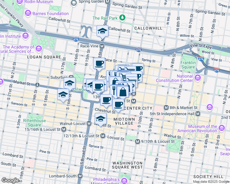 map of restaurants, bars, coffee shops, grocery stores, and more near 1201 Market Street in Philadelphia