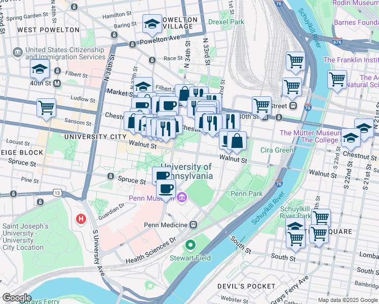 map of restaurants, bars, coffee shops, grocery stores, and more near 3333 Walnut Street in Philadelphia