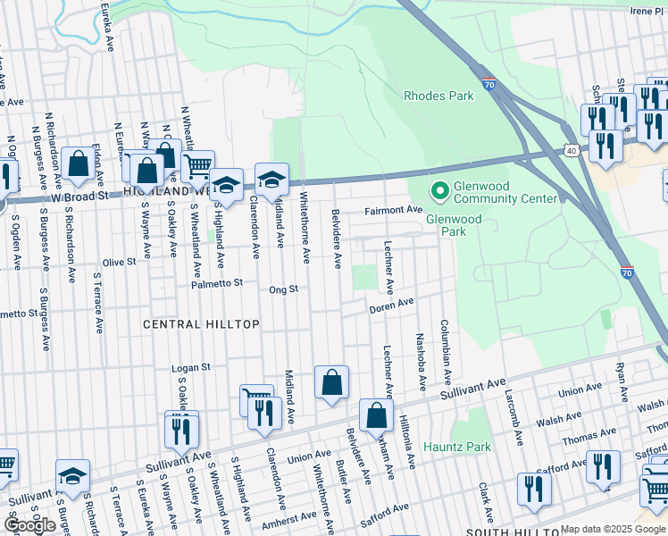 map of restaurants, bars, coffee shops, grocery stores, and more near 147 Belvidere Avenue in Columbus