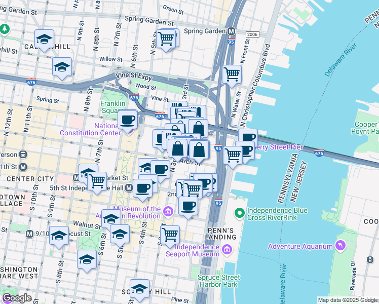 map of restaurants, bars, coffee shops, grocery stores, and more near 113 North Bread Street in Philadelphia