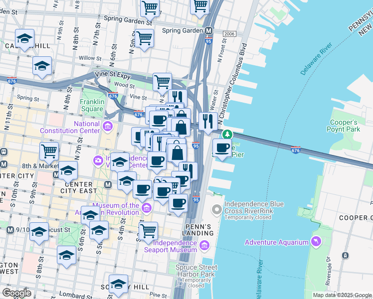 map of restaurants, bars, coffee shops, grocery stores, and more near 122 Elfreth's Alley in Philadelphia