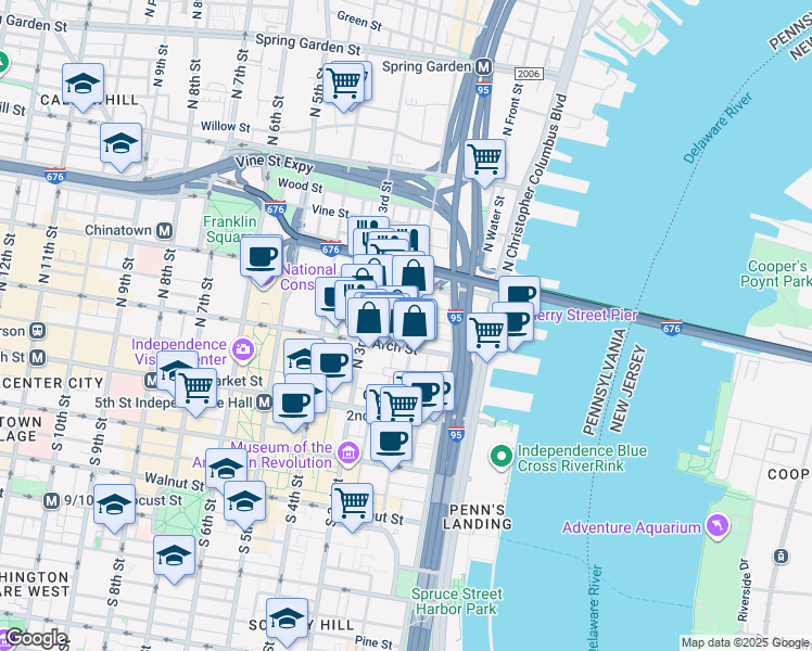 map of restaurants, bars, coffee shops, grocery stores, and more near 130 North 2nd Street in Philadelphia