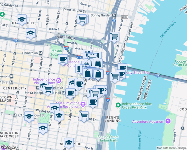 map of restaurants, bars, coffee shops, grocery stores, and more near 113 North Bread Street in Philadelphia