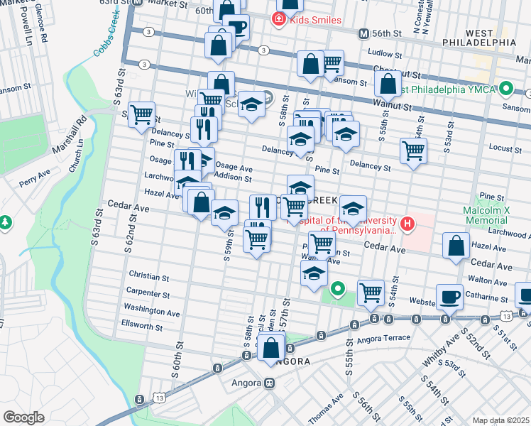 map of restaurants, bars, coffee shops, grocery stores, and more near 5801 Rodman Street in Philadelphia