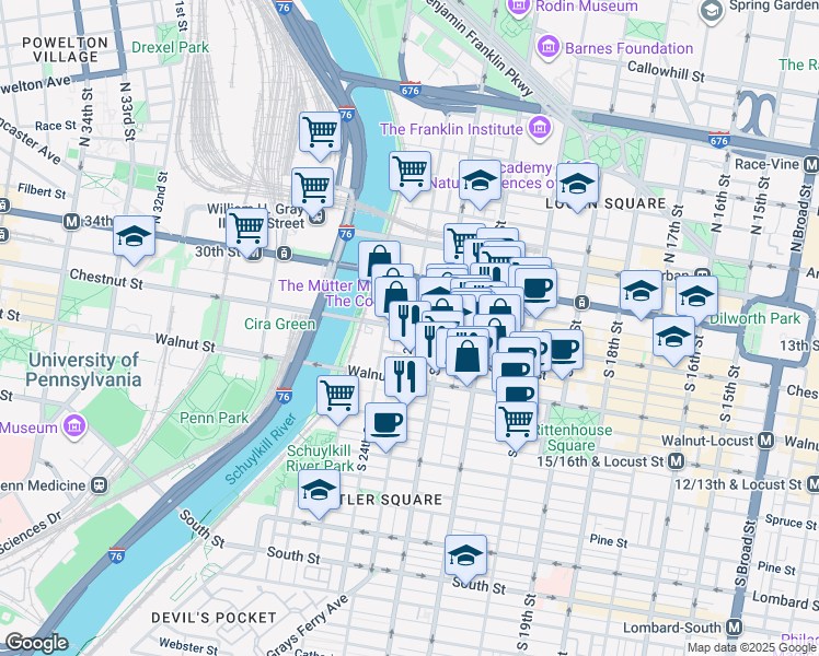 map of restaurants, bars, coffee shops, grocery stores, and more near 2300 Chestnut Street in Philadelphia