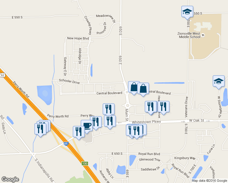 map of restaurants, bars, coffee shops, grocery stores, and more near 6380 Central Boulevard in Whitestown