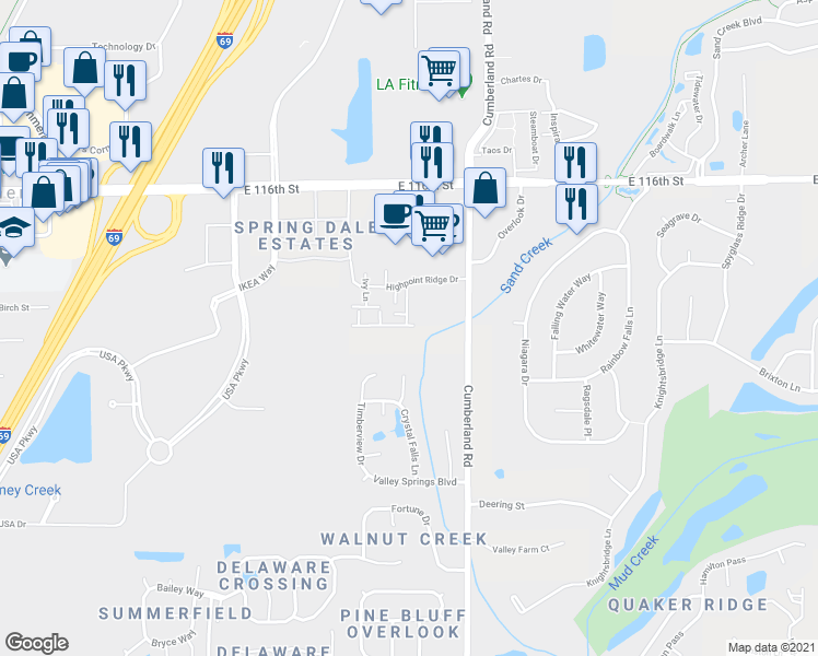 map of restaurants, bars, coffee shops, grocery stores, and more near 9768 Thorne Cliff Way in Fishers