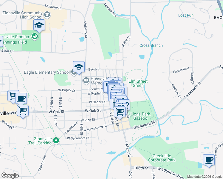 map of restaurants, bars, coffee shops, grocery stores, and more near 125 North Main Street in Zionsville