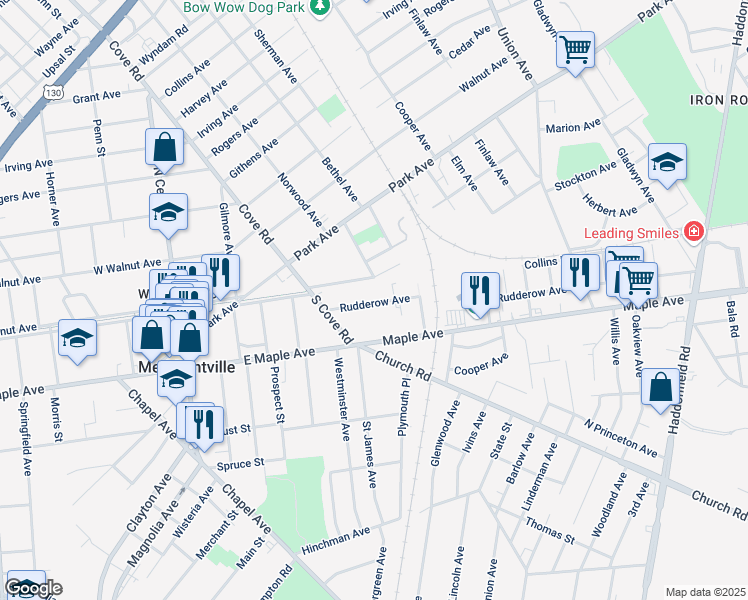 map of restaurants, bars, coffee shops, grocery stores, and more near 6582 Rudderow Avenue in Pennsauken Township