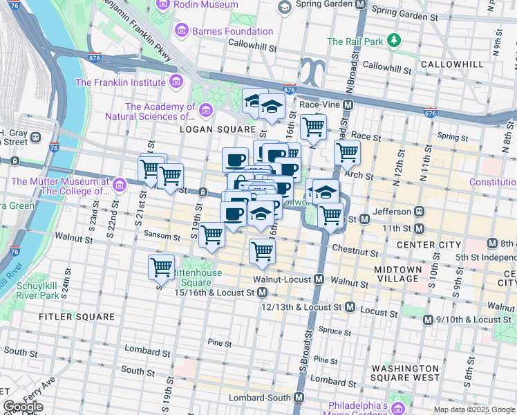 map of restaurants, bars, coffee shops, grocery stores, and more near 27 South 17th Street in Philadelphia