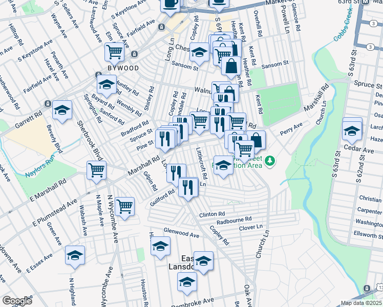 map of restaurants, bars, coffee shops, grocery stores, and more near 419 Hampden Road in Upper Darby