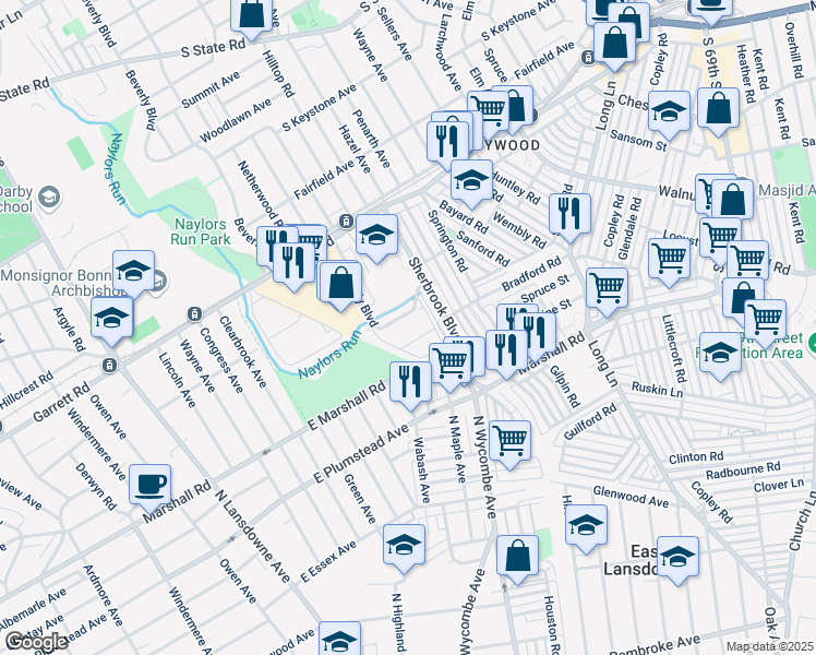 map of restaurants, bars, coffee shops, grocery stores, and more near 194 Sherbrook Boulevard in Delaware County