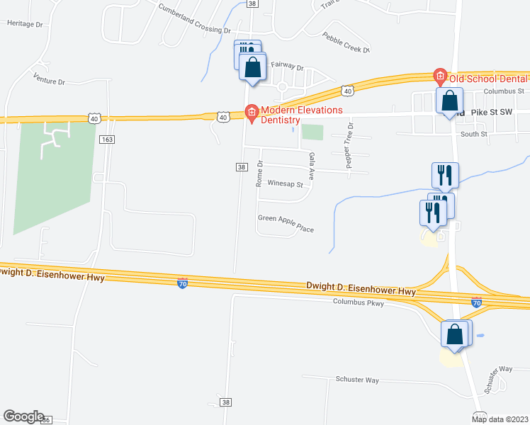 map of restaurants, bars, coffee shops, grocery stores, and more near 406 Green Apple Place in Pataskala